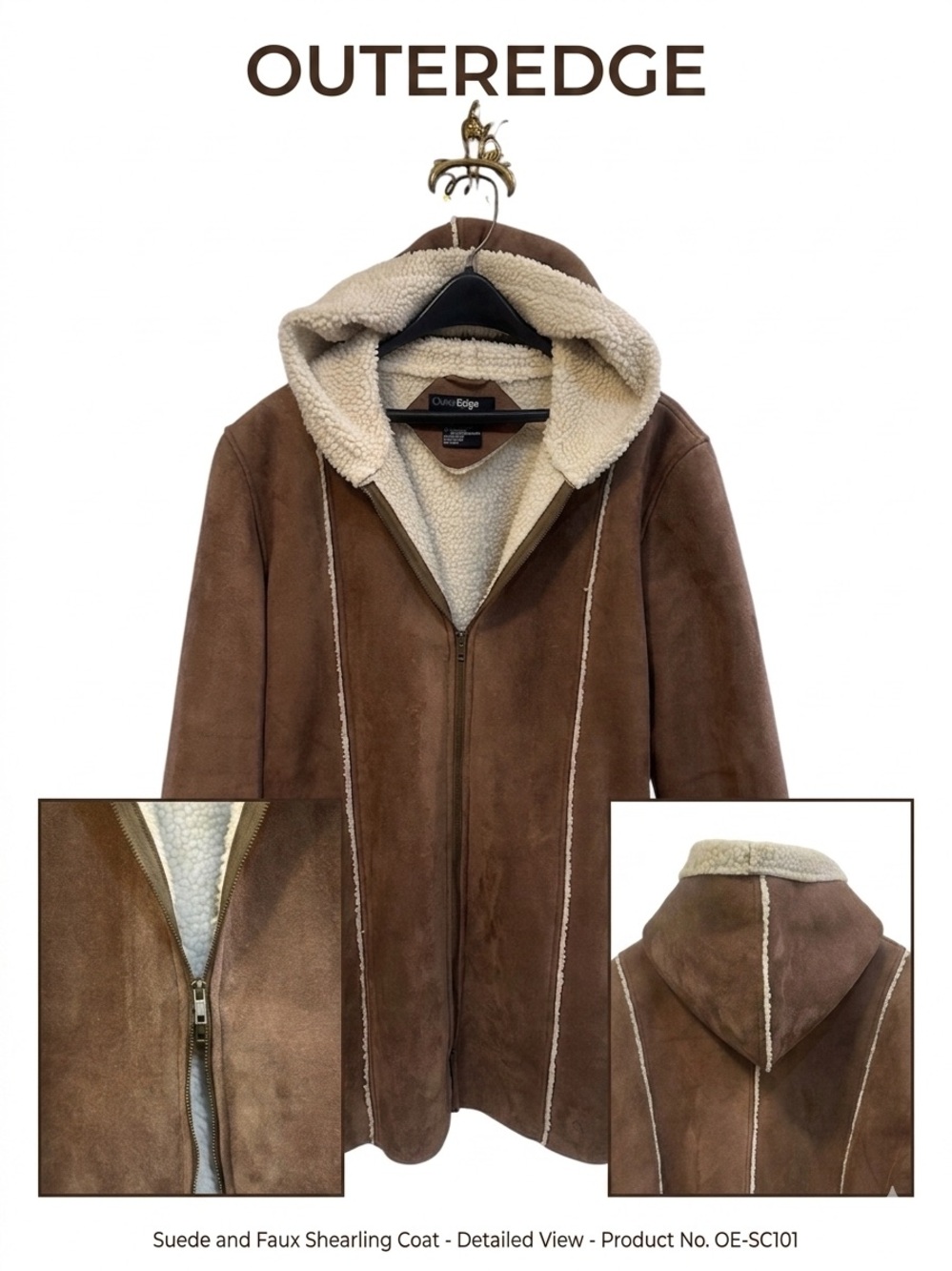 Outer Edge Y2K Faux Suede & Sherpa Lined Hooded Knee Length Coat Size Large - Picture 1 of 11